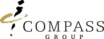 Logotyp med en symbol i svart och guld. Företagsnamnet Compass Group till höger.