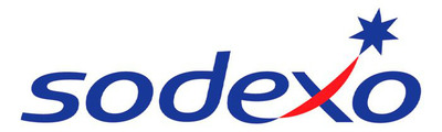 Logotyp för Sodexo. Blå text med en röd detalj.