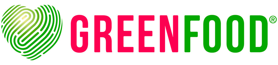 Logo for Greenfood. To the left: A green fingerprint in the shape of a heart. To the right: The letters GREEN in red colour and the letters FOOD in green.